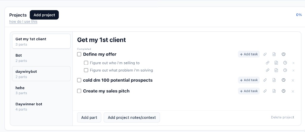 Projects dashboard with tasks and subtasks