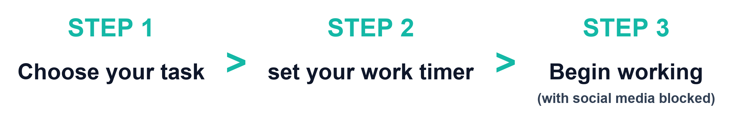 Step 1 Choose the task that makes you money > Step 2 set your work timer > Step 3 Begin working (with social media blocked)